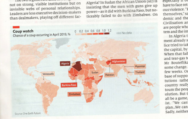 The Economist -lehden kartassa Suomen ja Ukrainan vallankaappausriski on väritetty samalla värillä.
